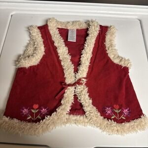 Gymboree 2T Vest Corduroy & Faux Shearling Floral Embroidery Doll Christmas EUC